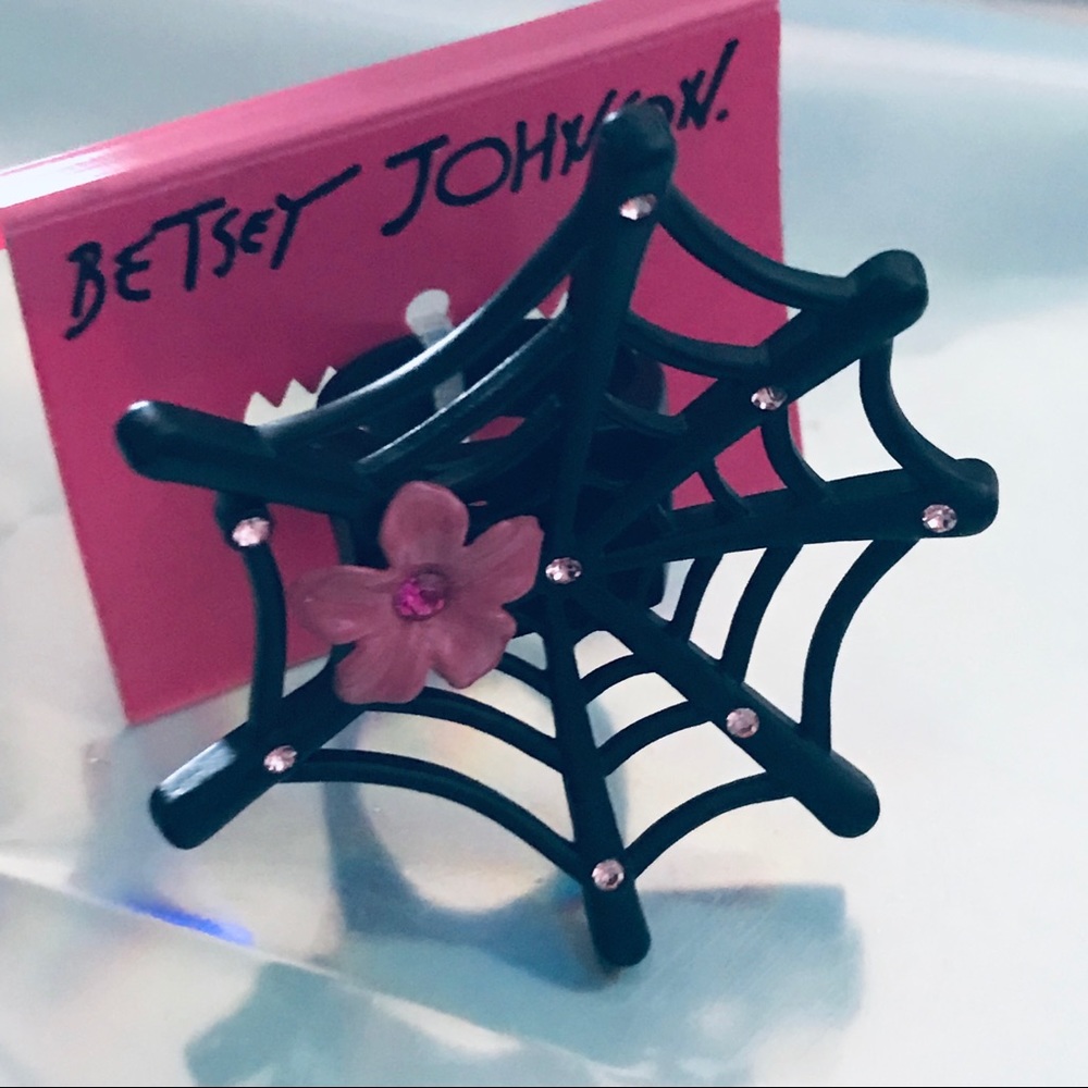 Spider ring pink flower crystal rhinestone vintage Betsey Johnson statement new - Picture 2 of 6
